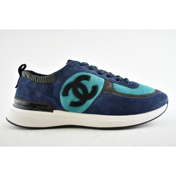 Chanel 21K Mens Green Blue Grey White CC Logo Lace Low Top Trainer Sneaker 44 11 - Picture 1 of 11